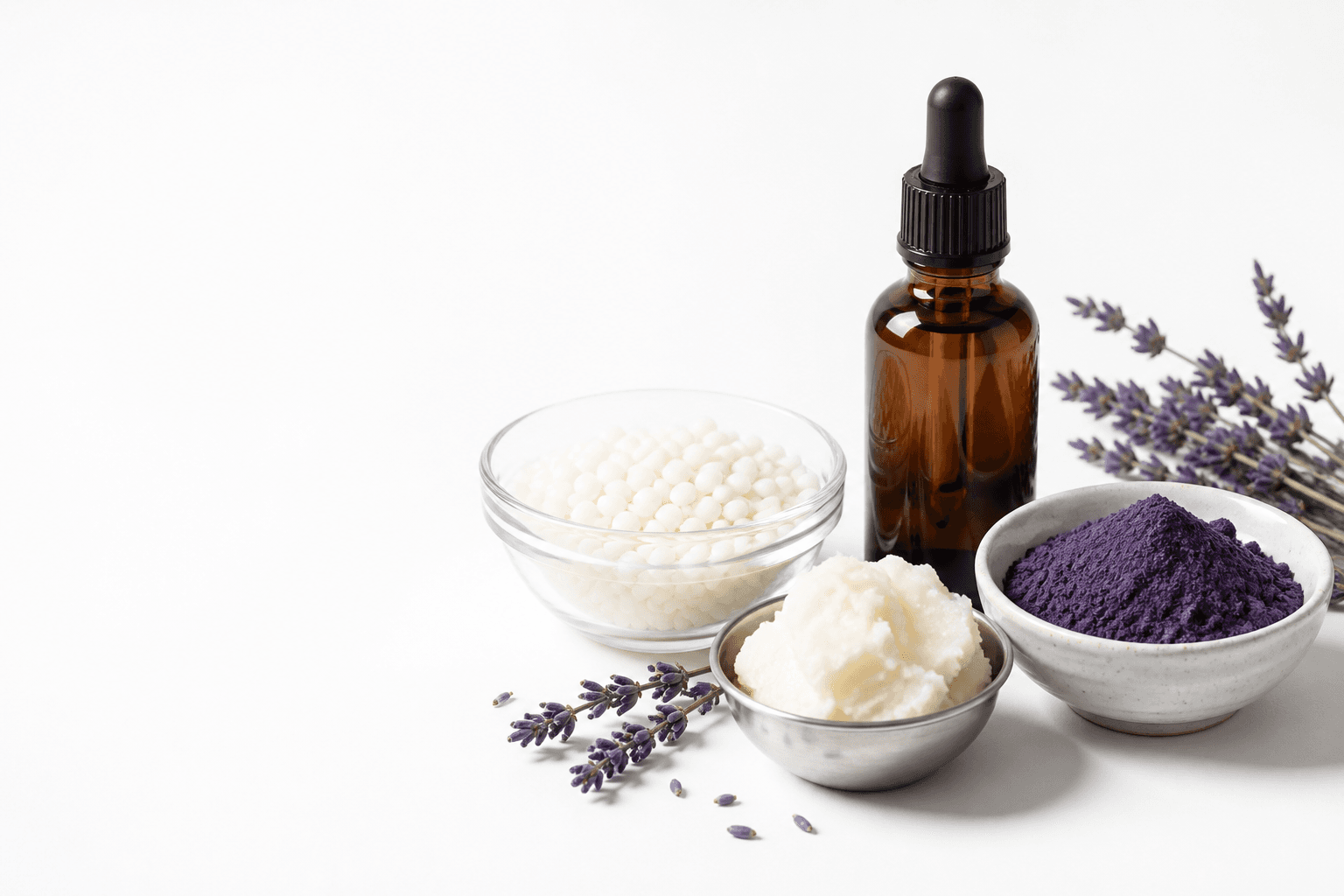 Cosmetic ingredients including oils, wax beads, butter and powder